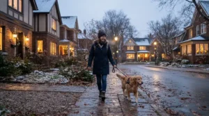 Resident in a down jacket for dog walking in winter during twilight past glowing suburban house windows.
