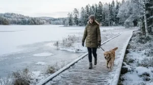 Nature lover in a down jacket for dog walking in winter strolling across a frosty wooden boardwalk.