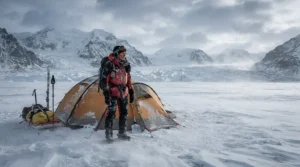 An explorer in a polar research camp wearing a heavy down jacket for extreme cold against icy winds