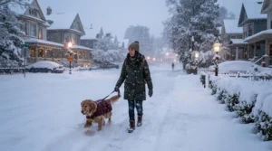 A pet owner walking a dog through heavy snowfall wearing a down jacket for extreme cold