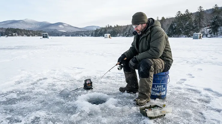 An angler sitting on a frozen lake ice fishing while wearing a down jacket for extreme cold