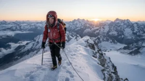 A mountaineer wearing a down jacket for extreme cold while scaling a snowy alpine ridge at sunrise