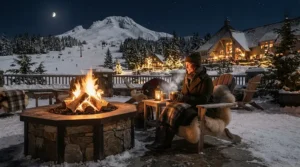 A traveler relaxing by an outdoor fire pit at a ski resort in a down jacket for extreme cold