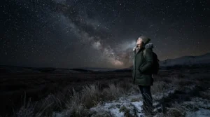 A person looking up at the night sky in a dark-sky preserve wearing a down jacket for extreme cold