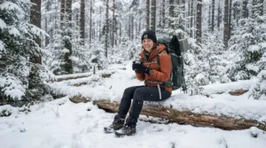 A hiker taking a break on a snow-covered forest trail in a down jacket for extreme cold