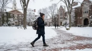 A practical down jacket for plus size women walking across a snowy university campus.