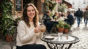 A cozy down jacket for plus size women sitting outside a local coffee shop.