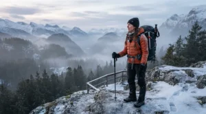 An outdoor down jacket for plus size women on a snowy mountain trail adventure.