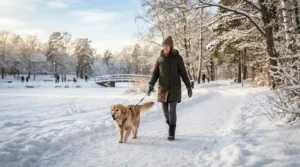 A comfortable down jacket for plus size women while walking a dog in a frosty park.