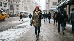 A stylish down jacket for plus size women worn during a morning city commute in winter.