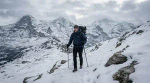 An outdoor enthusiast wearing a down jacket for tall men on a snowy mountain hiking trail.