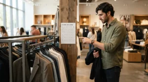 A tall man checking a sizing chart while trying on a down jacket for tall men in a modern store.