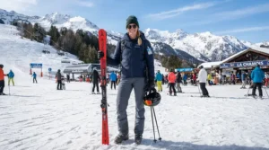 A tall skier at a ski resort wearing a weatherproof down jacket for tall men.