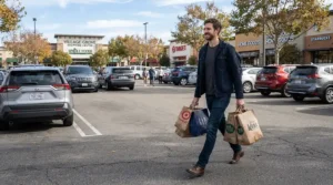 A tall man running weekend errands in a cozy down jacket for tall men.