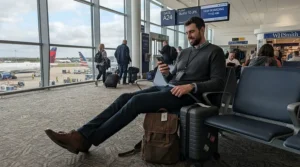A tall traveler waiting at an airport terminal wearing a packable down jacket for tall men.