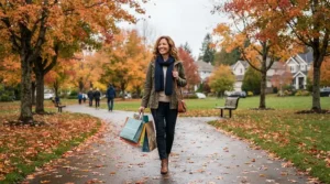 An affordable down jacket for women keeping a shopper warm during a casual stroll through a suburban park.