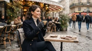 A chic down jacket for women styled for an upscale look while sitting at an outdoor downtown cafe.