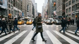 A stylish down jacket for women worn by a commuter walking past a New York City skyline on a chilly autumn morning.