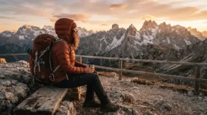 A durable down jacket for women providing essential insulation during a late afternoon hike.