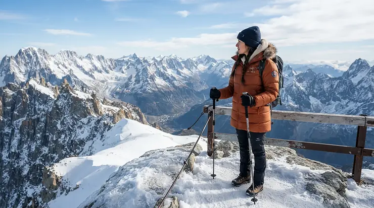 A high warmth rating down jacket for women tested against freezing temperatures on a snowy mountain trail.