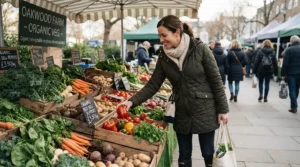 A cozy down jacket for women kept on while browsing fresh produce at a vibrant weekend farmers market.