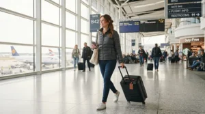 A packable down jacket for women ideal for winter travel inside a modern airport boarding terminal.