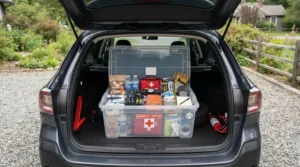 An emergency rain poncho kit bulk storage box neatly organized in the trunk of a family sedan