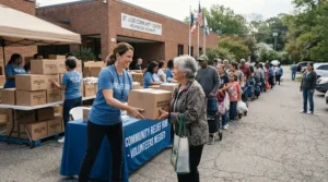 A disaster relief coordinator distributing an emergency rain poncho kit bulk carton to families