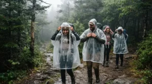A group of hikers sharing an emergency rain poncho kit bulk pack on a mountain trail