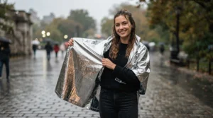 Close up of a reflective mylar emergency rain poncho kit bulk item unfolding in the wind