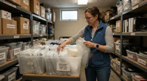 School administrator organizing an emergency rain poncho kit bulk supply for student safety drills