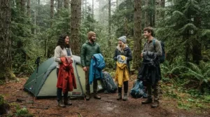Parents and children outside a campsite holding a complete family rain gear set before exploring outdoors.