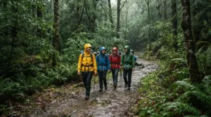 A family hiking together on a mountain trail wearing a bright family rain gear set during a gentle drizzle.