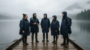 A group standing by a misty lake dock equipped with a reliable family rain gear set for water sports.