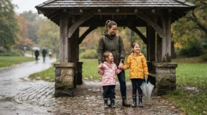Parents and kids waiting at a suburban neighborhood bus stop in a family rain gear set during a storm.