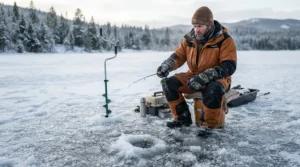 Angler in insulated waterproof fishing gloves handling a fish during winter ice fishing.