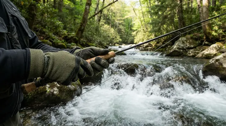 Fly fisherman utilizing waterproof fishing gloves for better grip in rapid river currents.