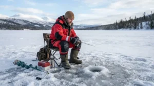 Heavy-duty fishing gloves waterproof used by an ice angler sitting on a frozen lake near a shelter.