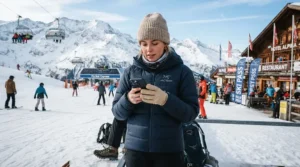 A skier wearing insulated waterproof gloves with touchscreen fingers typing a message on a smartphone at a resort.