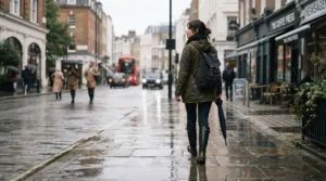 Sleek black knee high rain boots women can style easily for wet city commutes.