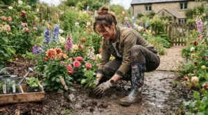 Colorful floral pattern knee high rain boots women wear for gardening in damp weather.