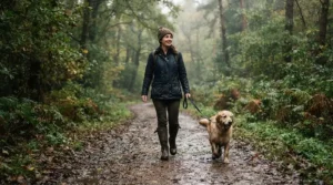 Traditional navy knee high rain boots women find reliable for walking dogs in the morning dew.