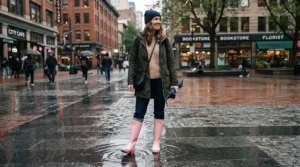 Soft pastel pink knee high rain boots women style for cute rainy day streetwear outfits.