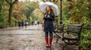 Glossy red knee high rain boots women pair with trench coats for rainy spring afternoons.