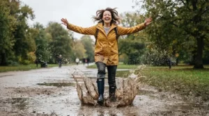 A woman splashing in a puddle wearing bright yellow knee high rain boots women love for stormy days.