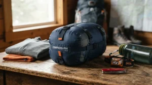 A compact stuff sack holding a folded lightweight down jacket for travel on a wooden table.