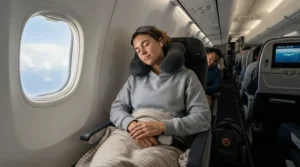 A passenger relaxing in an airplane seat wearing a comfortable lightweight down jacket for travel.