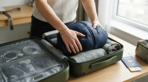 A traveler compressing a lightweight down jacket for travel inside a compact carry-on suitcase.