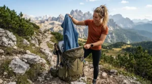 A backpacker pulling a lightweight down jacket for travel out of the top pocket of a travel pack.
