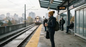 A commuter waiting on a train platform wearing a cozy lightweight down jacket for travel.